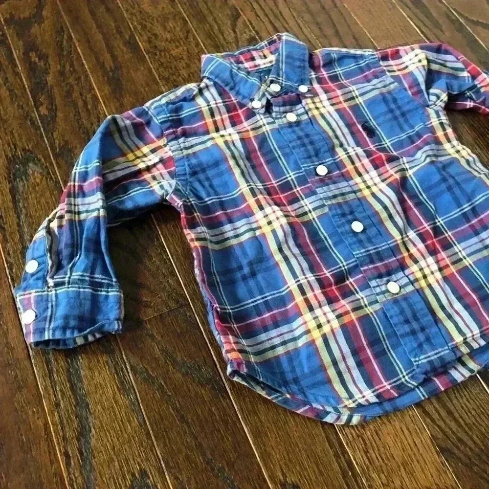 Ralph Lauren Boys 12M Blue/Red/Yellow Plaid Button-Down Oxford Shirt - EUC!